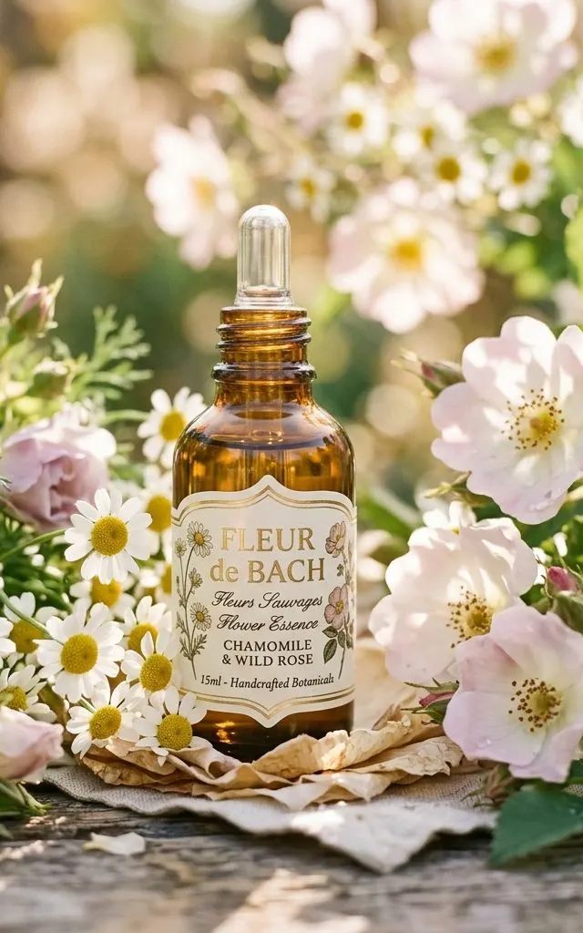 Flacon d’élixir floral entouré de fleurs de camomille et d’églantier