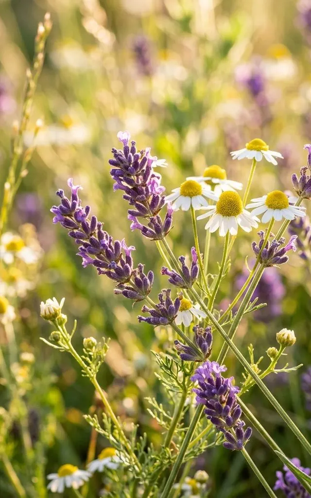 Lavande et camomille en fleurs dans un pré au printemps