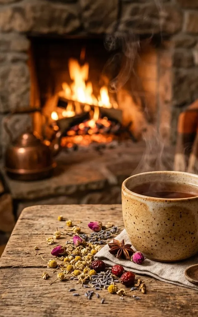 Tasse de tisane et plantes séchées devant une cheminée
