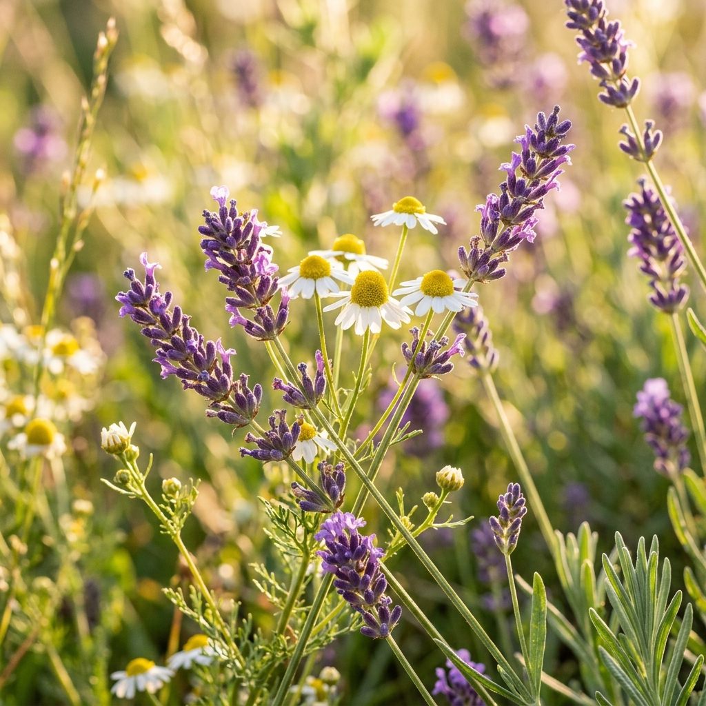 Lavande et camomille sauvages dans un pré provençal