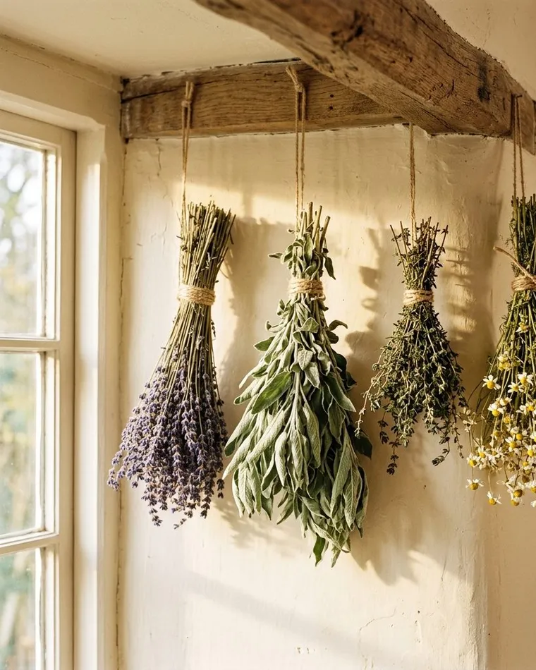 Bouquets de lavande, sauge et plantes aromatiques suspendus pour le séchage