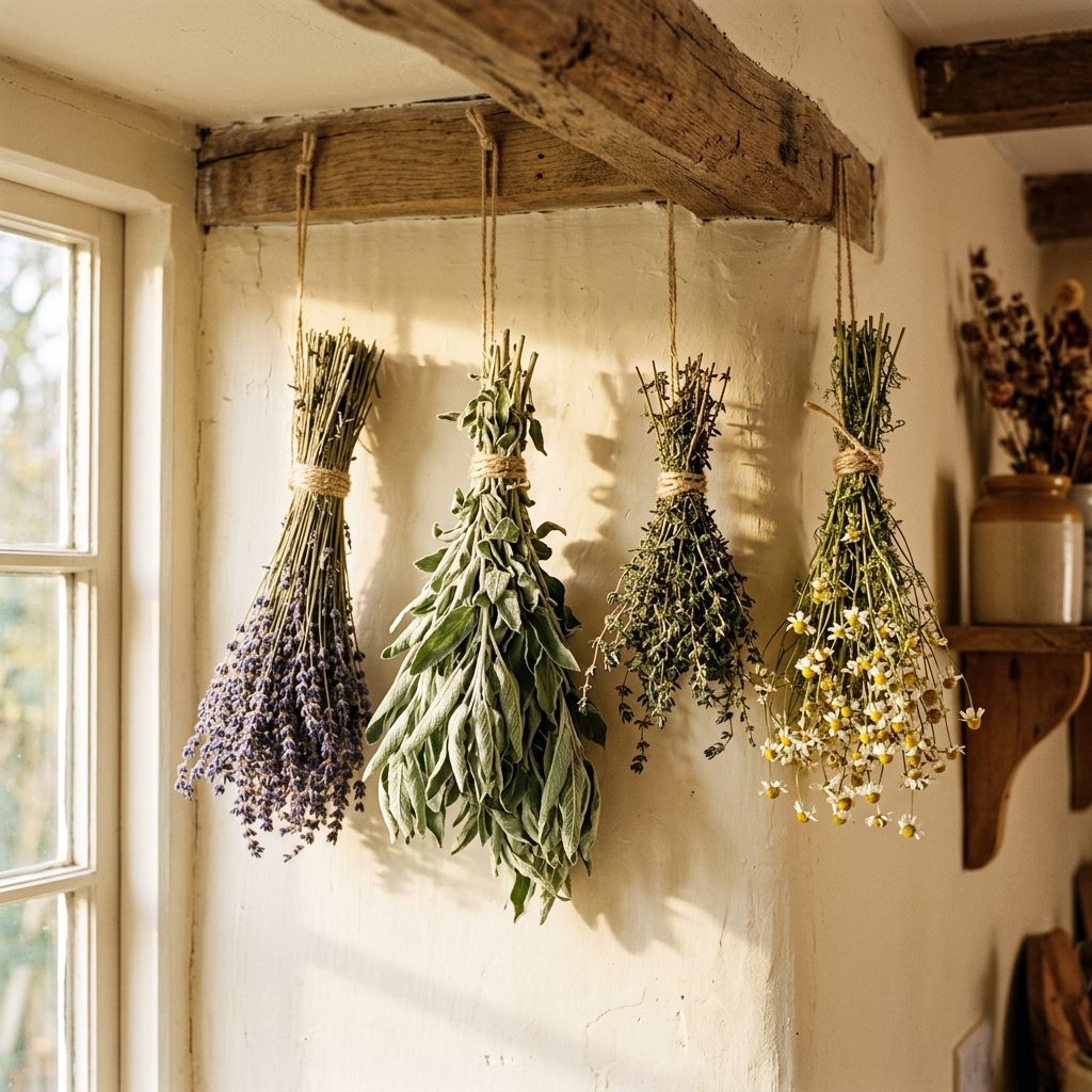 Bouquets d'herbes séchées suspendues