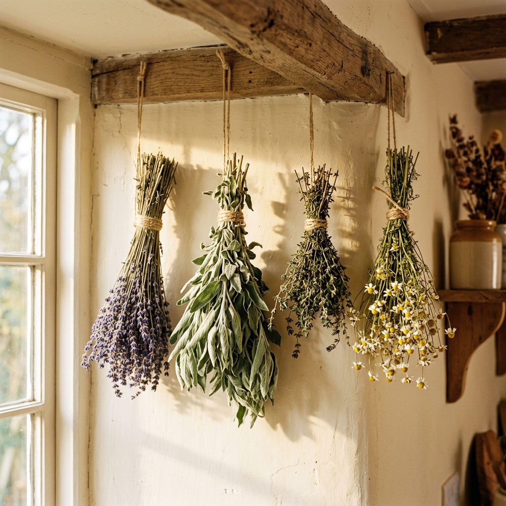 Bouquets d'herbes séchées suspendues