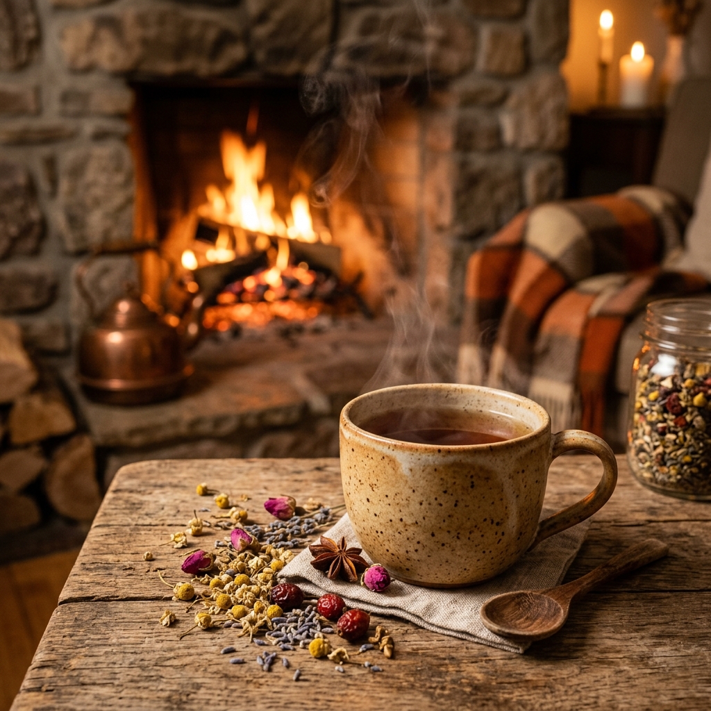 Tisane fumante au coin du feu