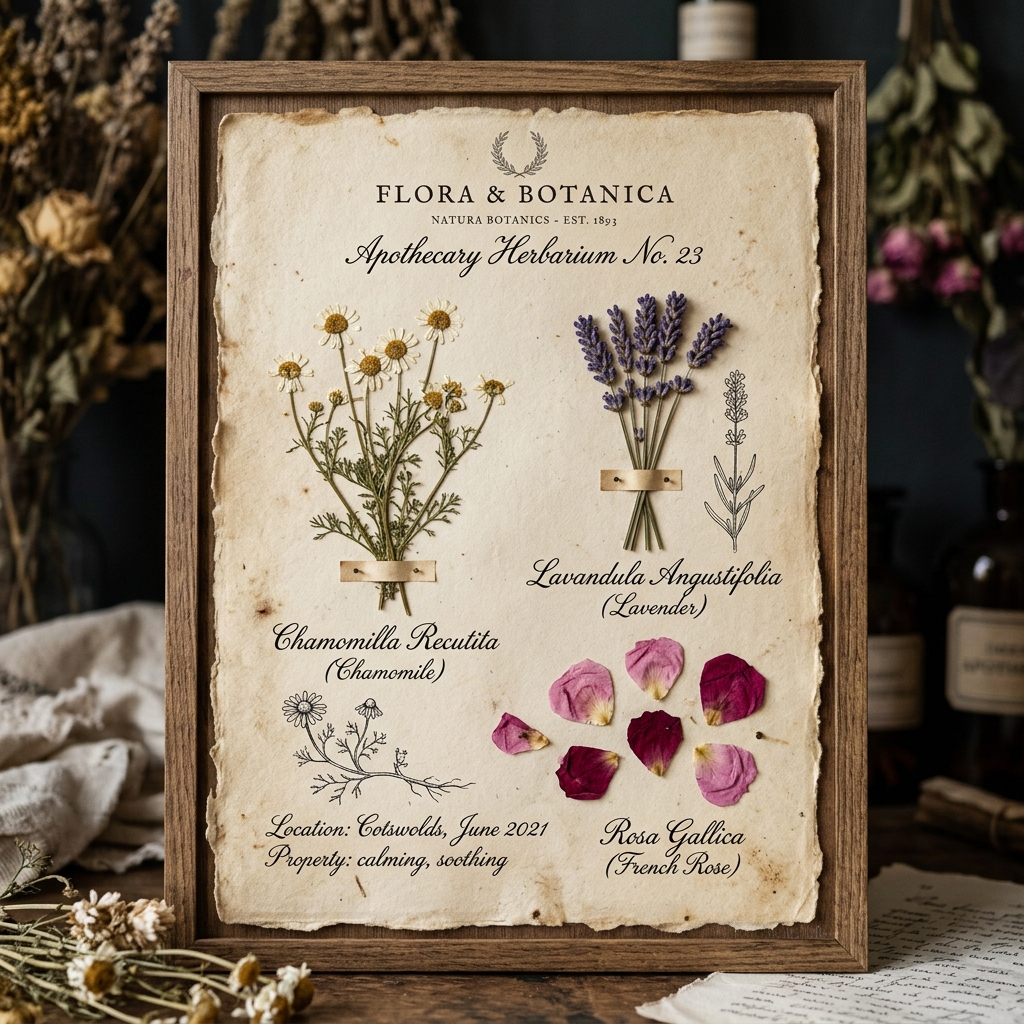 Herbiers d'apothicaire avec fleurs pressées artisanales